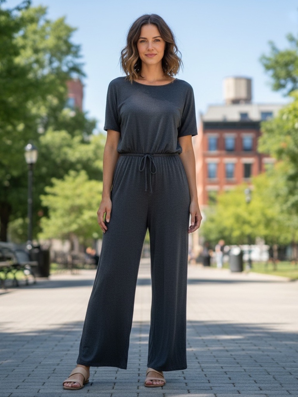 Espresso Dark Charcoal Short-Sleeve Wide-Leg Jumpsuit